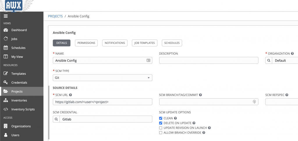 Configuring the AWX project SCM URL