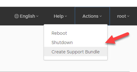Create Support Bundle action in the vCenter admin UI