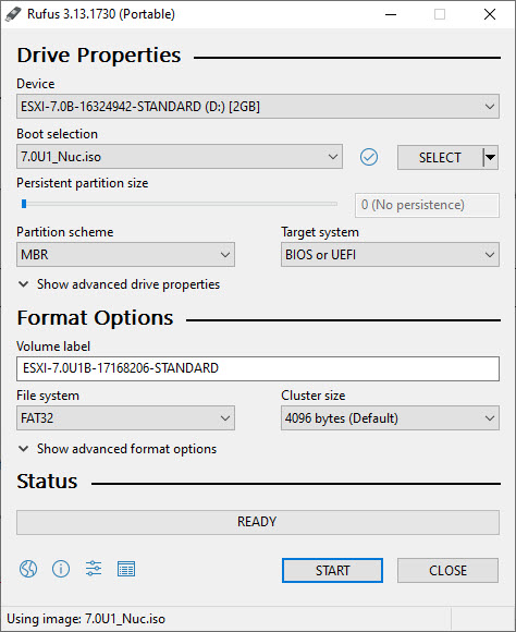 Rufus creating a bootable ESXi USB stick