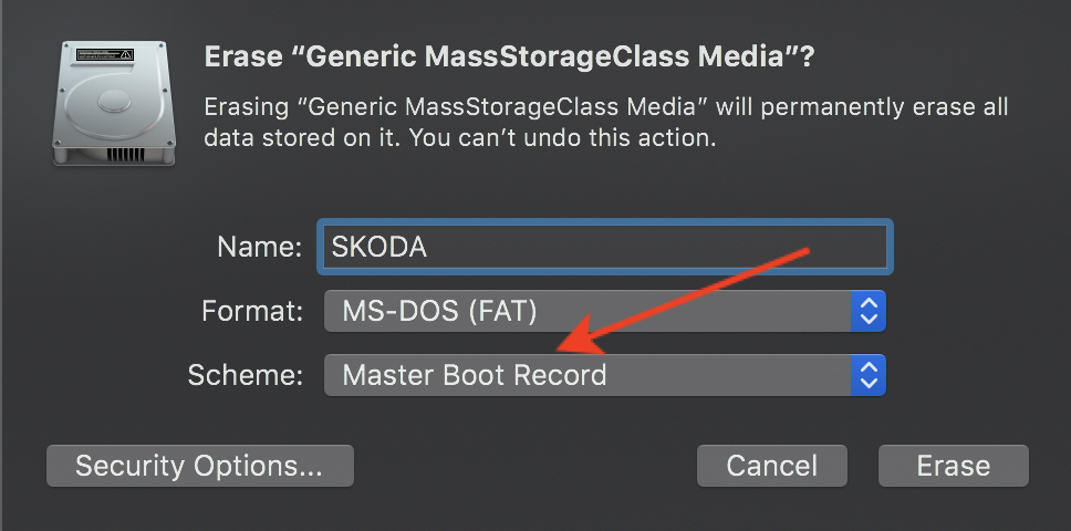 Reformatting the card as MS-DOS (FAT) with Master Boot Record scheme