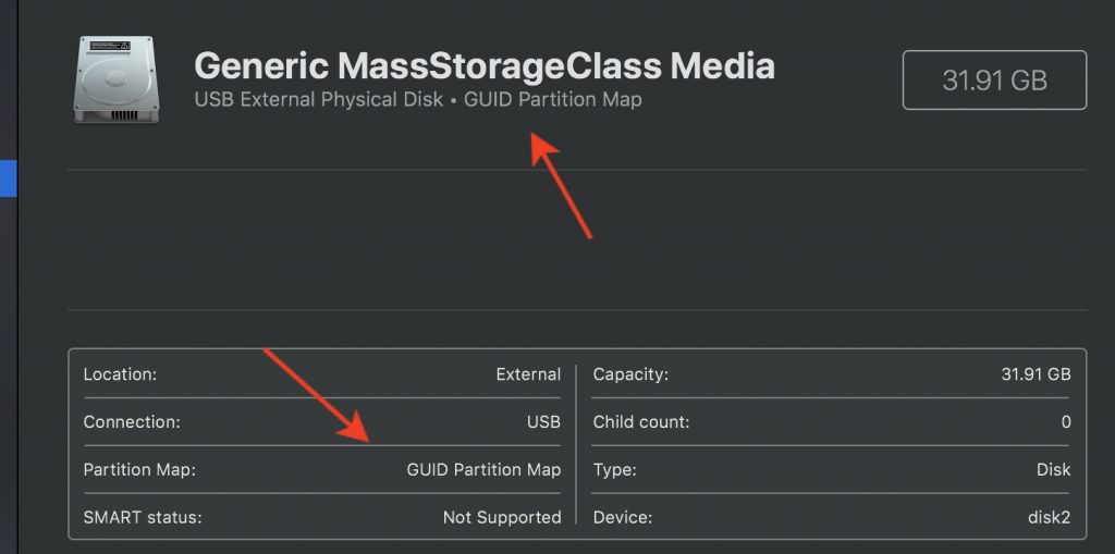 Disk Utility showing the card formatted as GPT