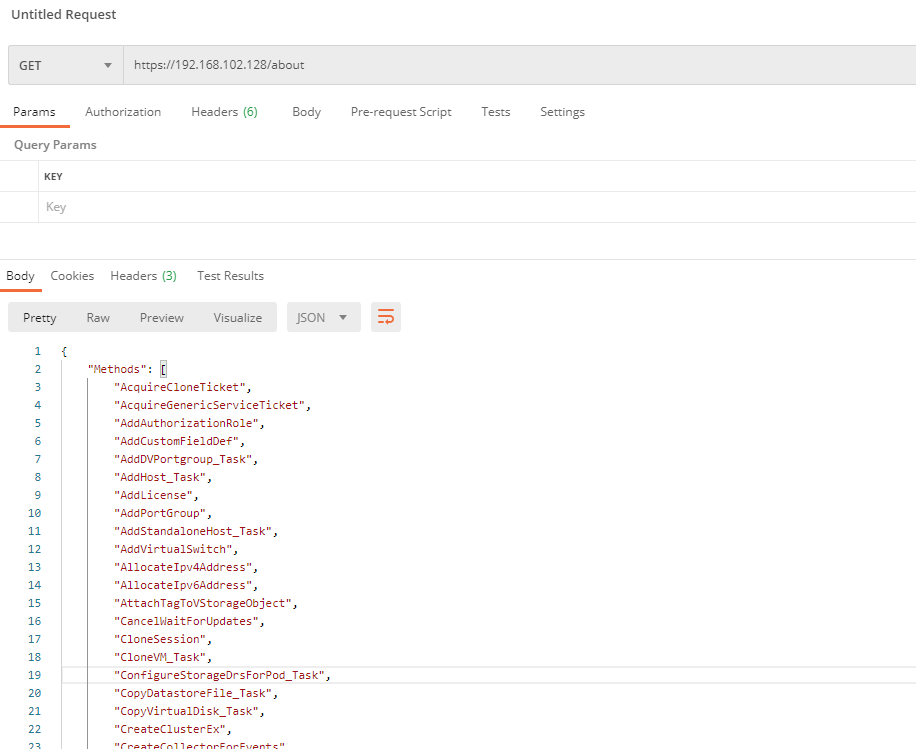 vcsim /about endpoint in Postman