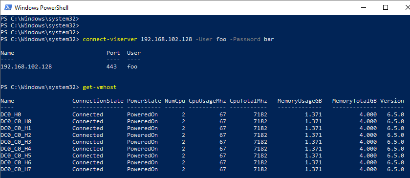 PowerCLI connected to the simulated vCenter